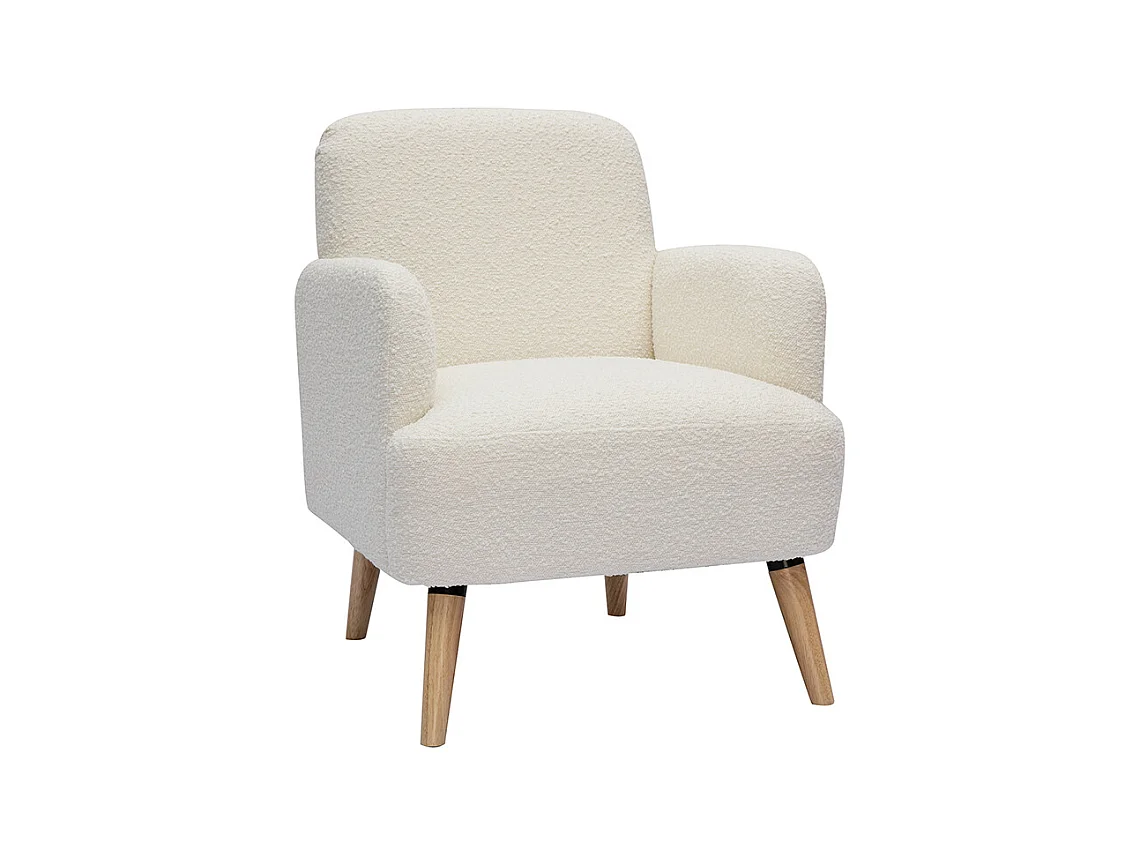Fauteuil scandinave en tissu effet laine bouclée blanc cassé et bois clair ISKO