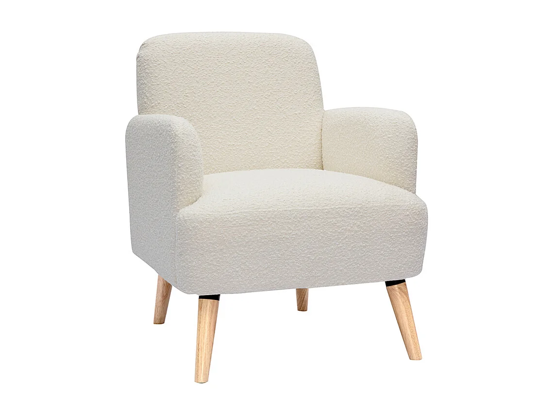 Fauteuil scandinave en tissu effet laine bouclée blanc cassé et bois clair ISKO