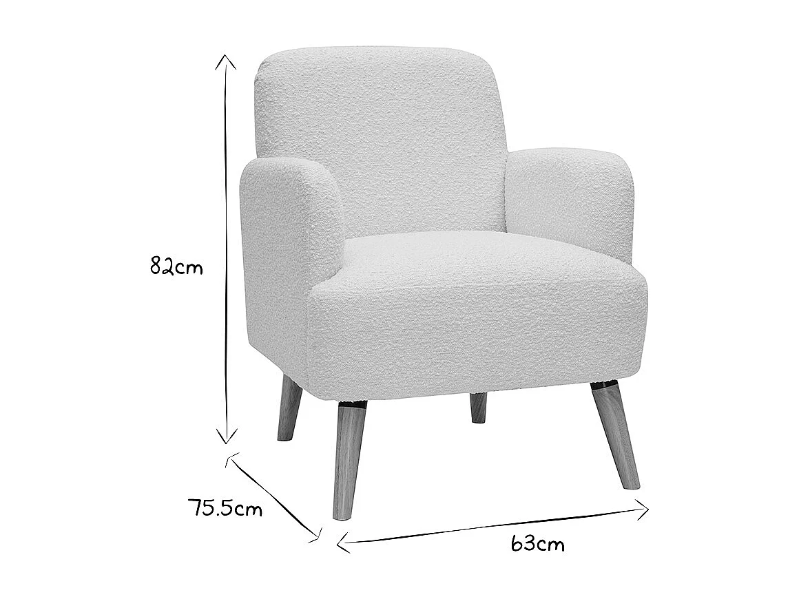 Fauteuil scandinave en tissu effet laine bouclée blanc cassé et bois clair ISKO