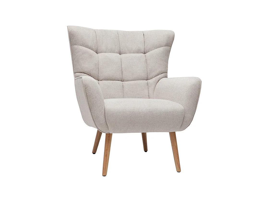 Fauteuil scandinave en tissu effet velours texturé beige et bois clair AVERY