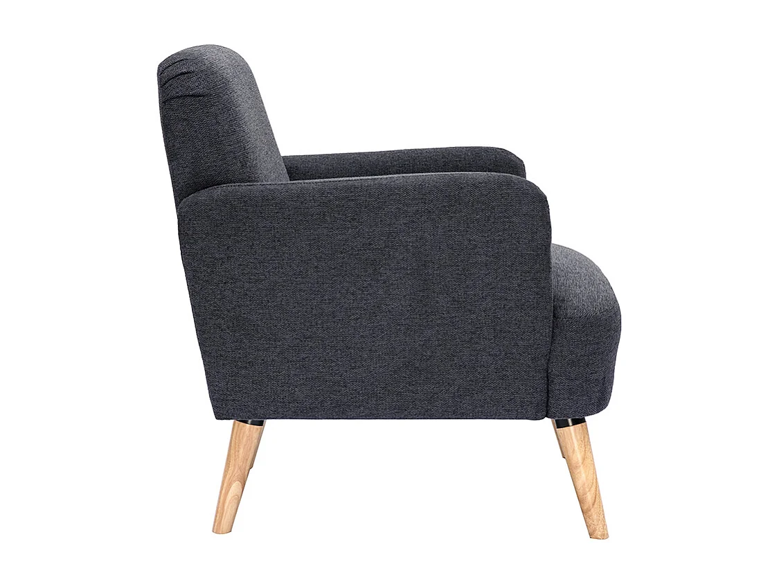 Sillón nórdico de tela efecto aterciopelado texturizado gris oscuro y madera clara ISKO