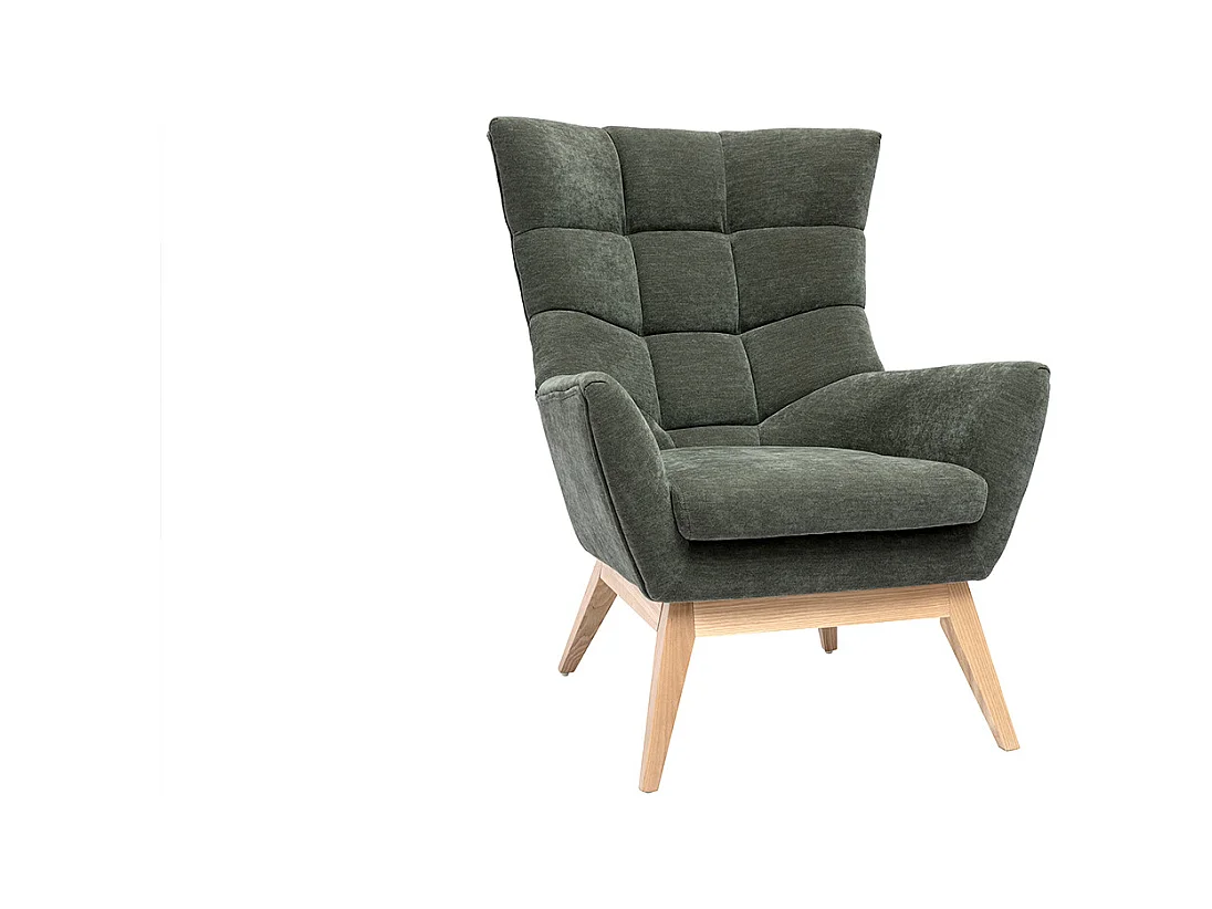 Fauteuil scandinave en tissu effet velours vert kaki et bois clair BRODY