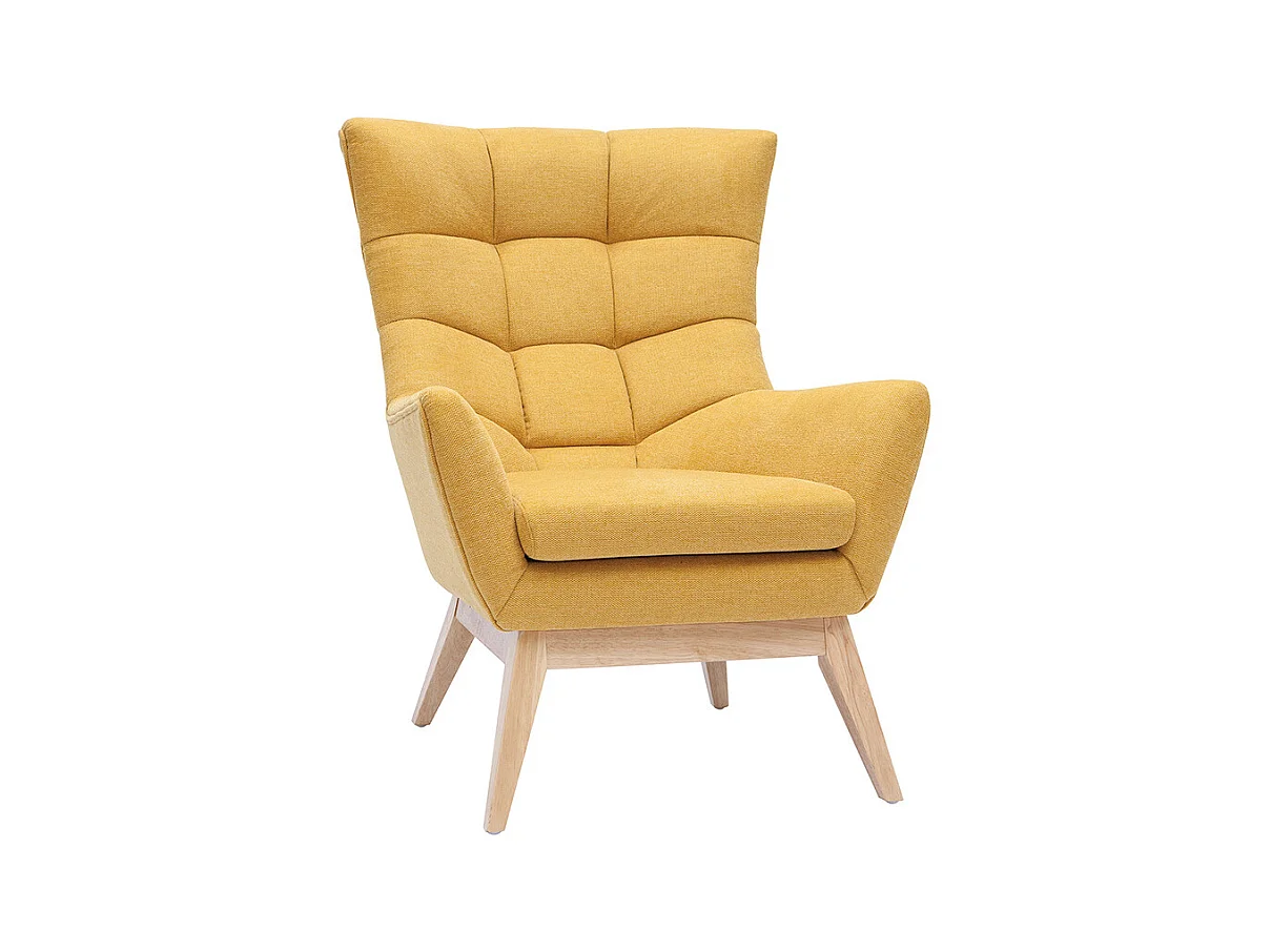 Fauteuil scandinave en tissu effet velours texturé jaune moutarde et bois clair BRODY