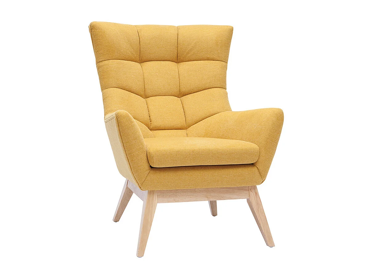 Fauteuil scandinave en tissu effet velours texturé jaune moutarde et bois clair BRODY