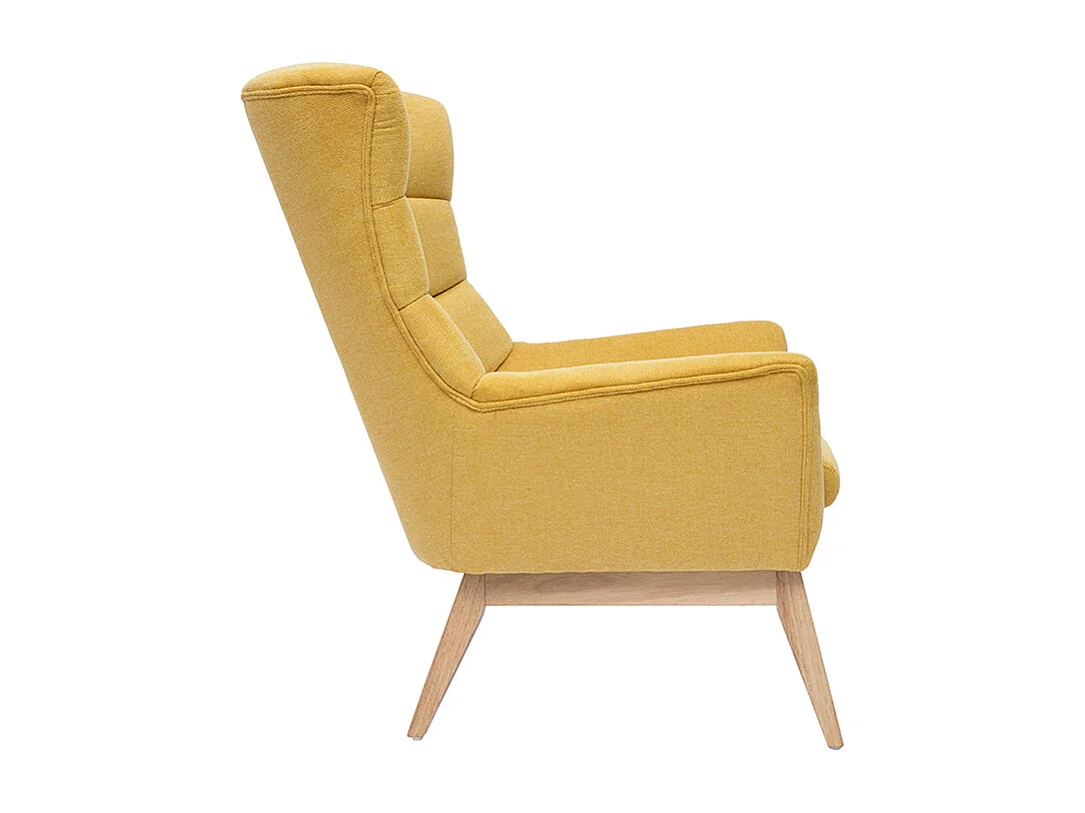 Fauteuil scandinave en tissu effet velours texturé jaune moutarde et bois clair BRODY