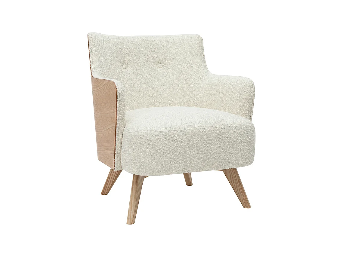Fauteuil scandinave en tissu effet laine bouclée blanc cassé et bois clair VALMY