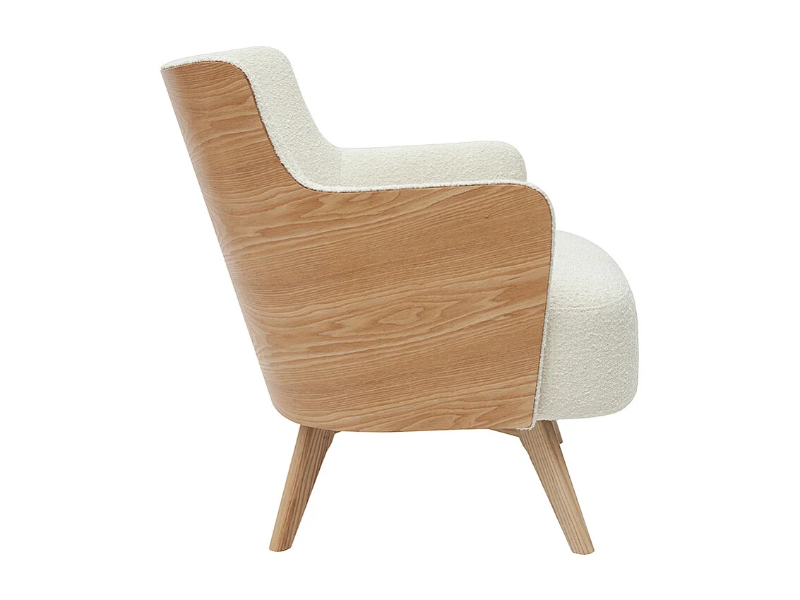 Fauteuil scandinave en tissu effet laine bouclée blanc cassé et bois clair VALMY