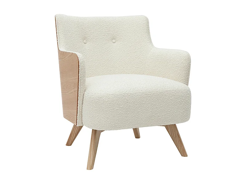 Fauteuil scandinave en tissu effet laine bouclée blanc cassé et bois clair VALMY