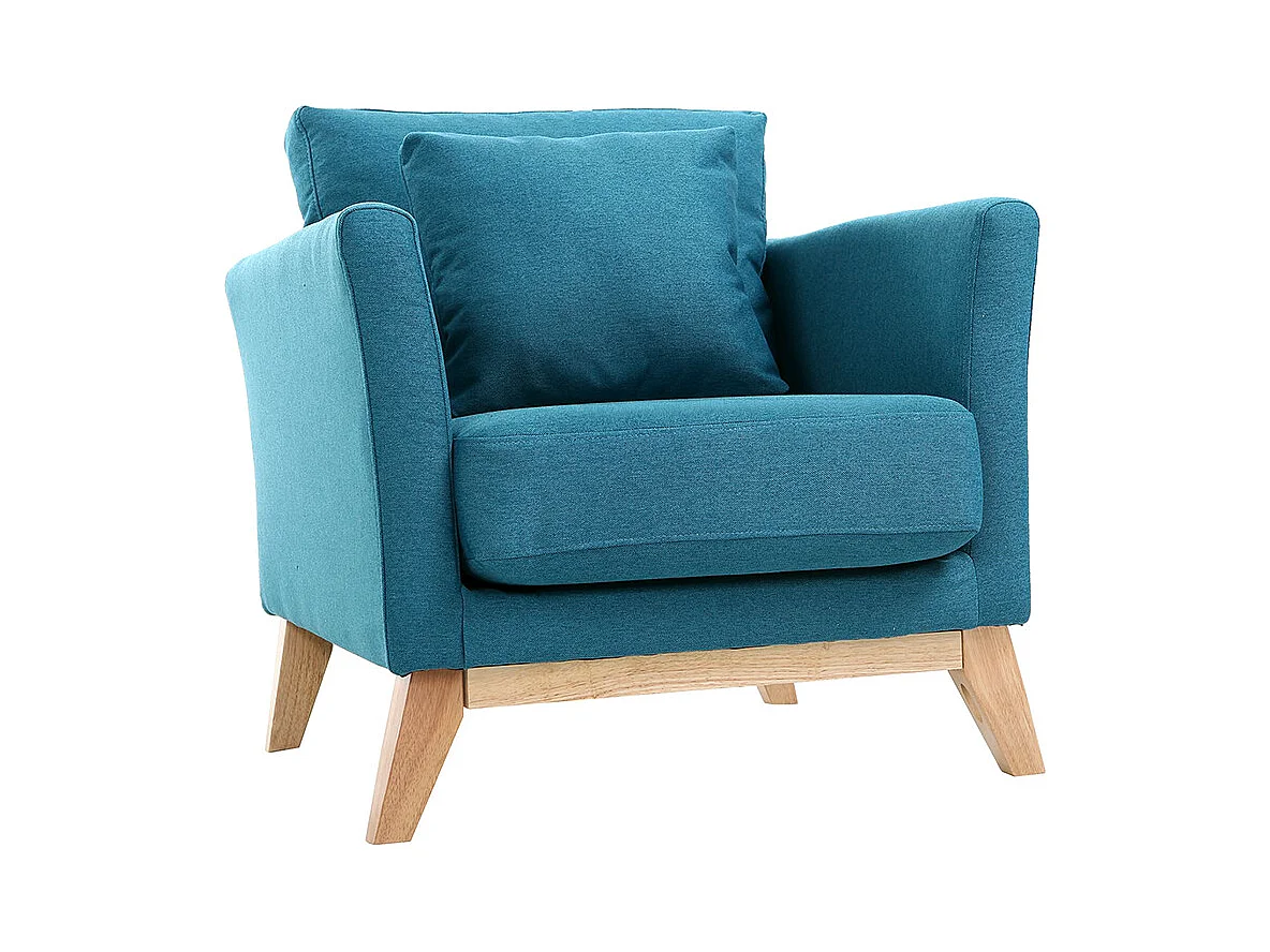 Fauteuil scandinave déhoussable en tissu bleu canard et bois clair OSLO
