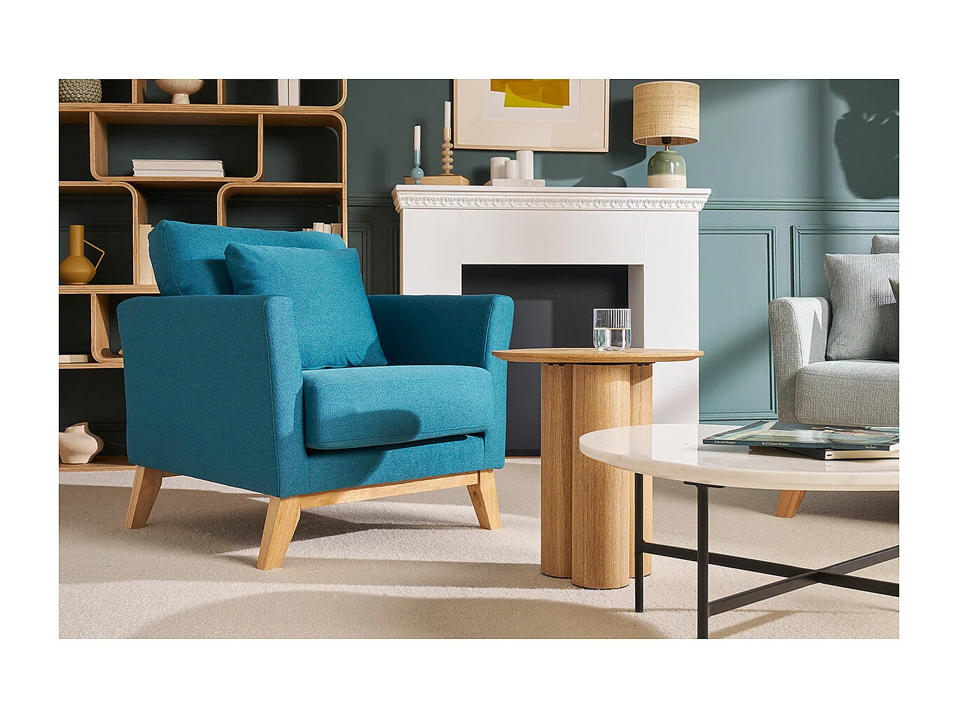 Fauteuil scandinave déhoussable en tissu bleu canard et bois clair OSLO