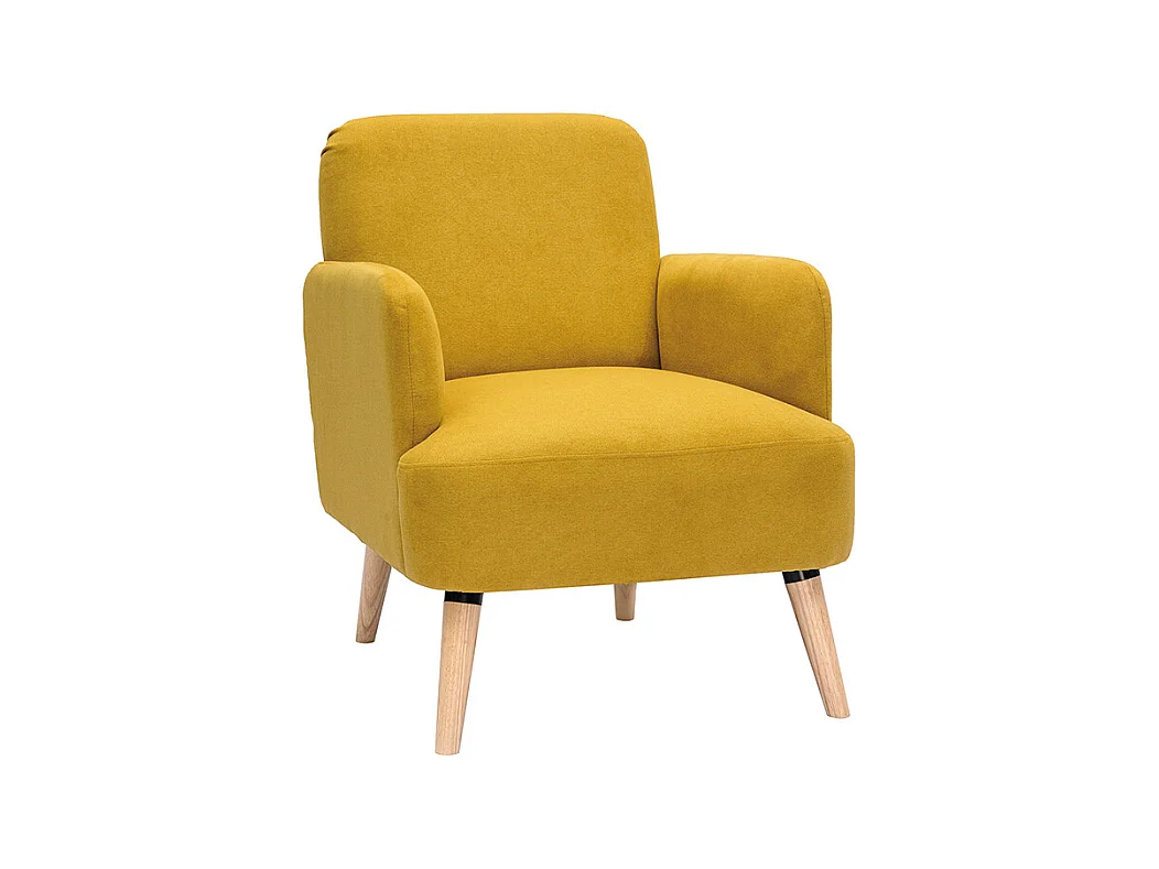 Sillón nórdico de tejido efecto aterciopelado texturizado amarillo mostaza y madera ISKO