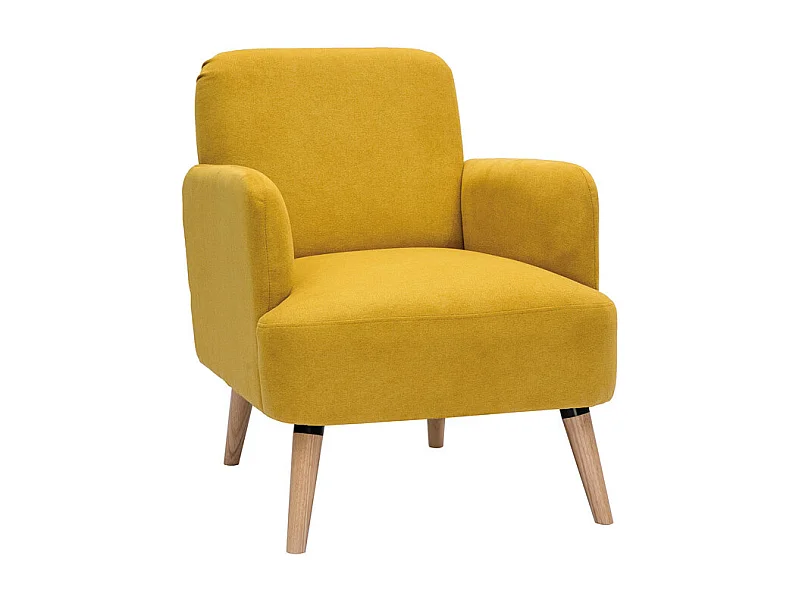 Fauteuil scandinave en tissu effet velours jaune moutarde et bois clair ISKO