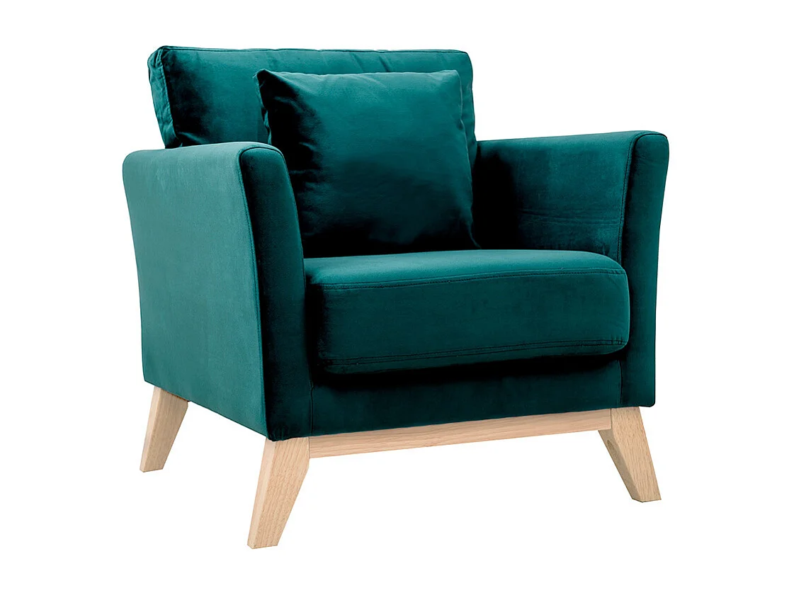 Fauteuil scandinave déhoussable en tissu velours bleu pétrole et bois clair OSLO