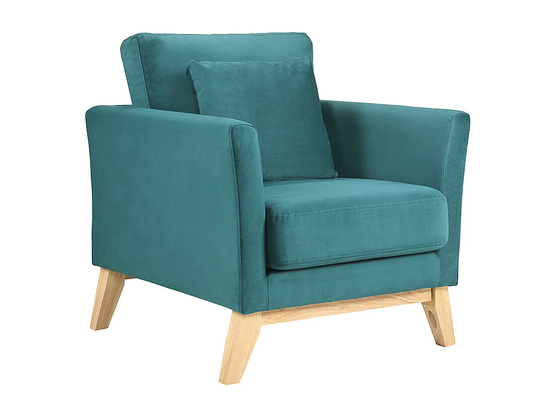 Fauteuil scandinave déhoussable en tissu velours bleu pétrole et bois clair OSLO