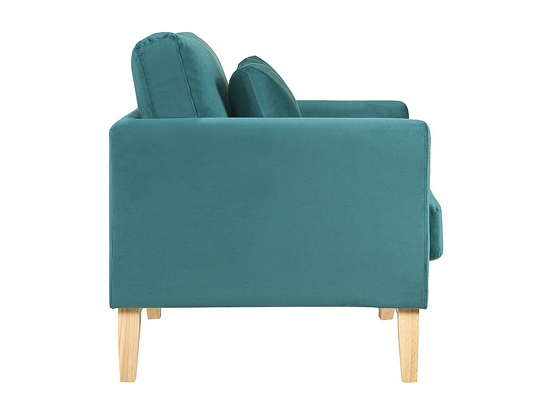 Fauteuil scandinave déhoussable en tissu velours bleu pétrole et bois clair OSLO
