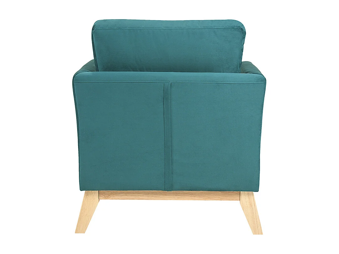 Fauteuil scandinave déhoussable en tissu velours bleu pétrole et bois clair OSLO