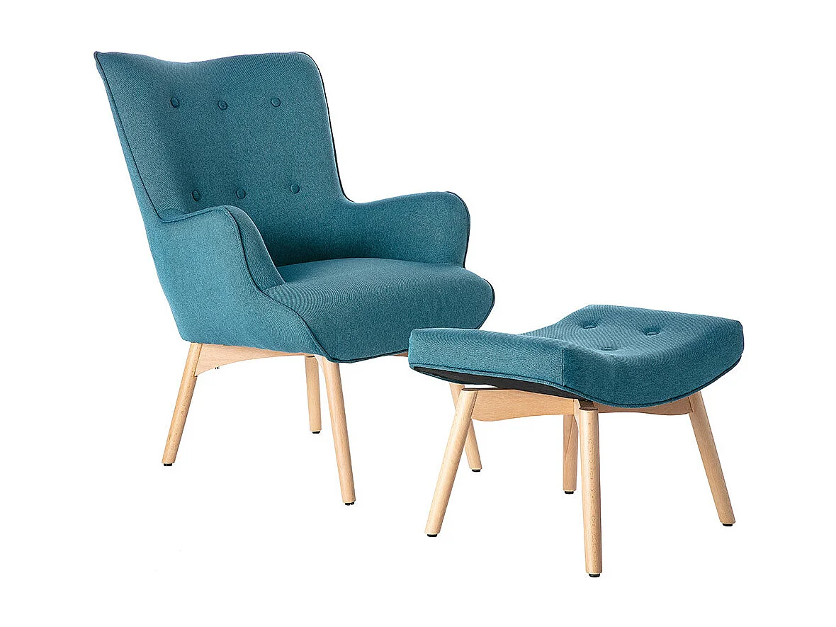 Fauteuil avec repose-pieds scandinave en tissu bleu canard et bois clair BRISTOL