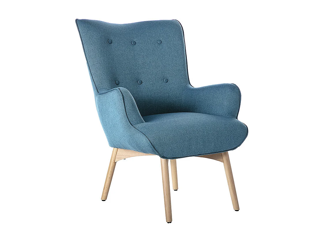 Fauteuil avec repose-pieds scandinave en tissu bleu canard et bois clair BRISTOL