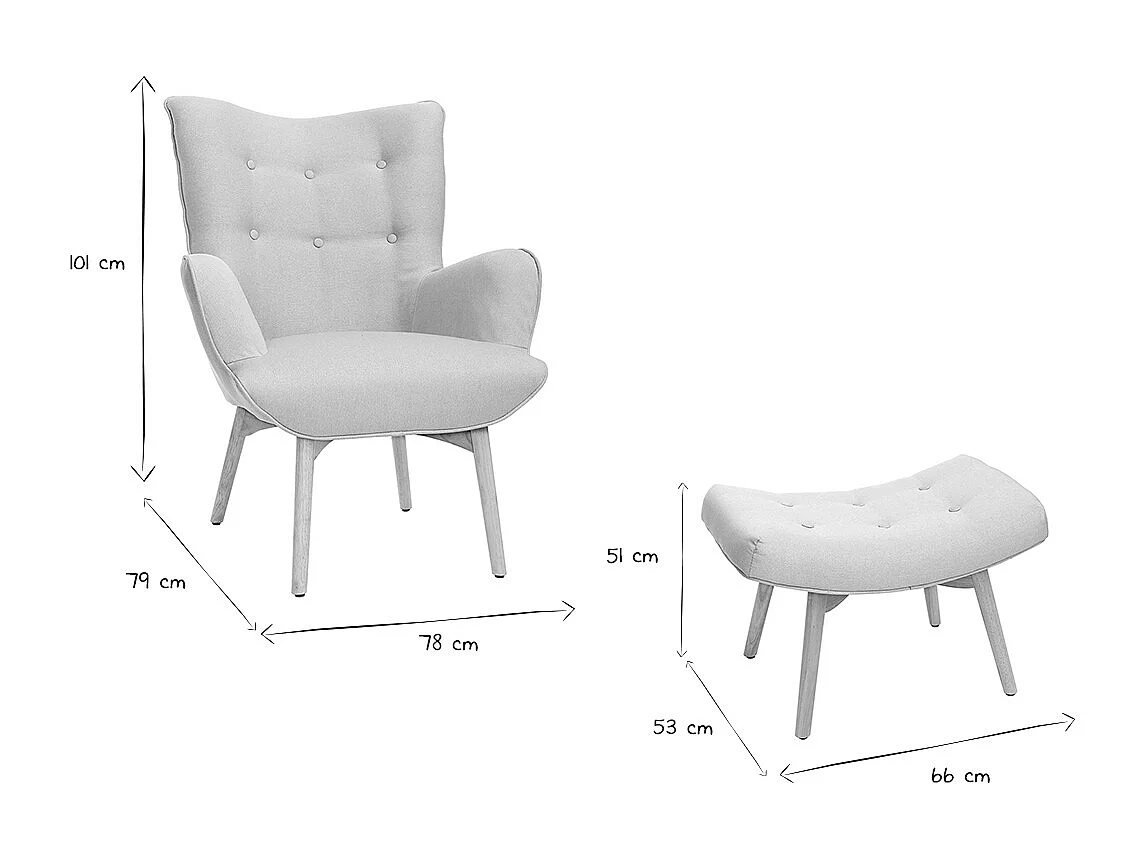 Fauteuil avec repose-pieds scandinave en tissu bleu canard et bois clair BRISTOL