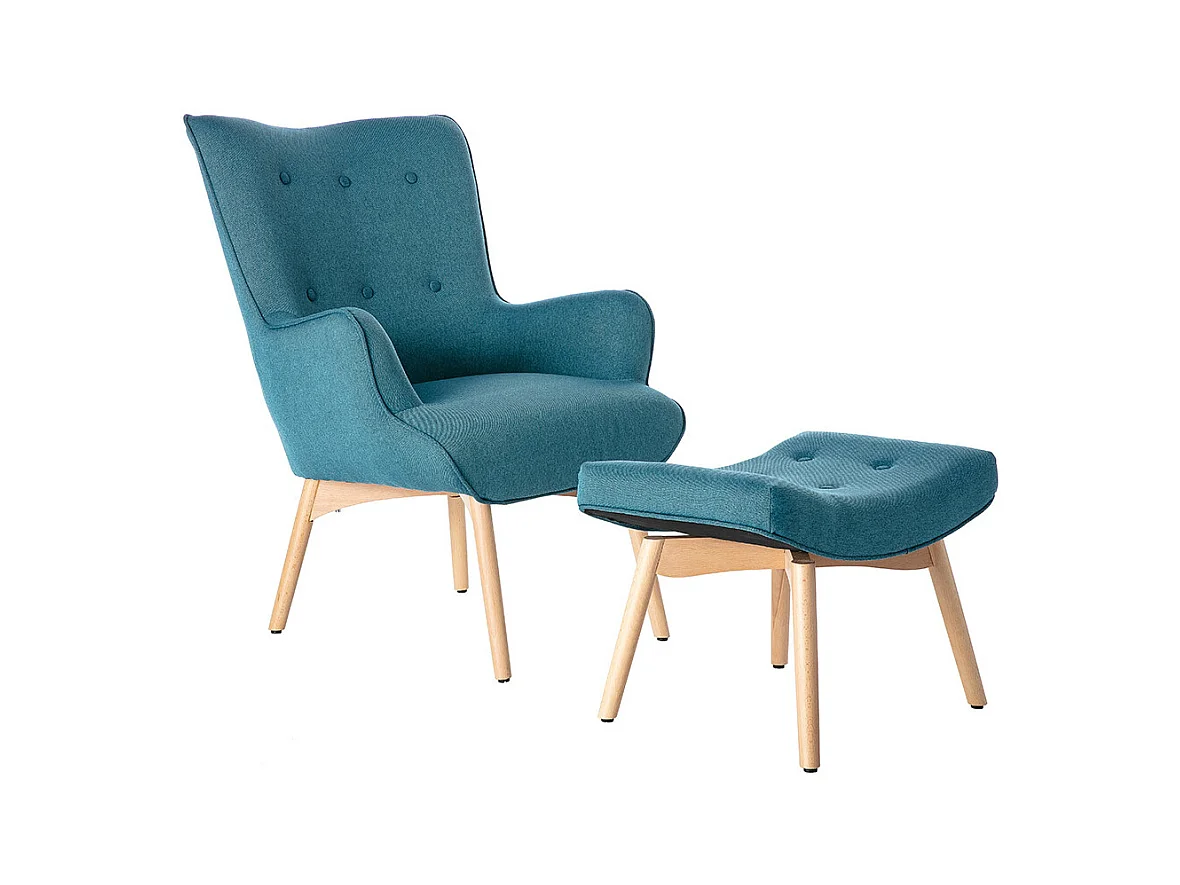 Fauteuil avec repose-pieds scandinave en tissu bleu canard et bois clair BRISTOL