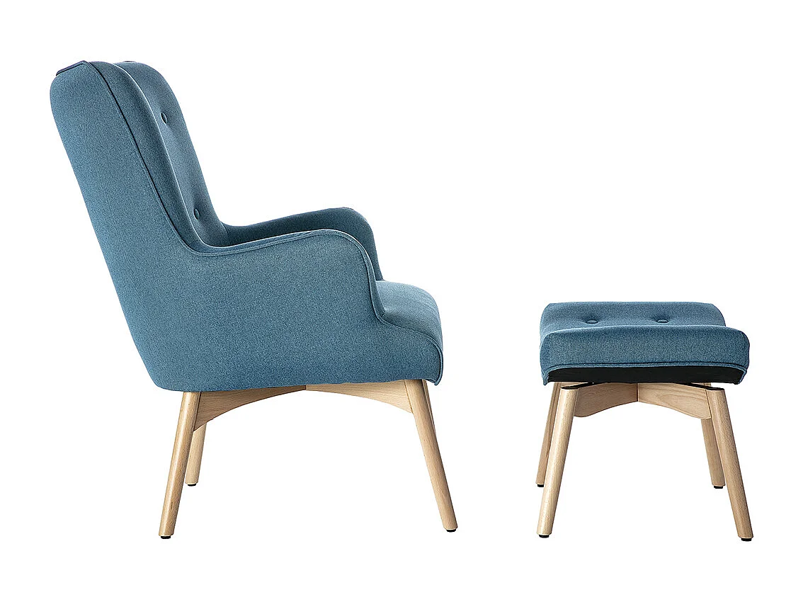 Poltrona design scandinava con poggiapiedi blu petrolio e legno chiaro BRISTOL