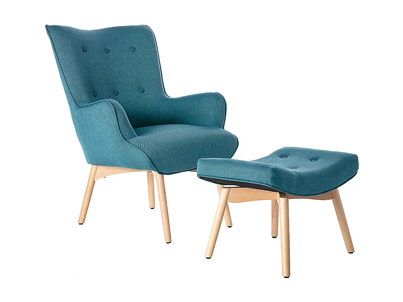 Poltrona design scandinava con poggiapiedi blu petrolio e legno chiaro BRISTOL