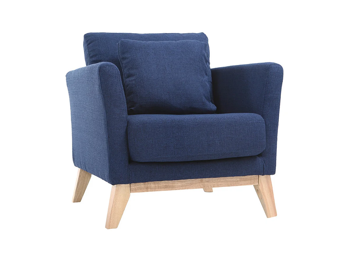 Fauteuil scandinave déhoussable en tissu bleu foncé et bois clair OSLO