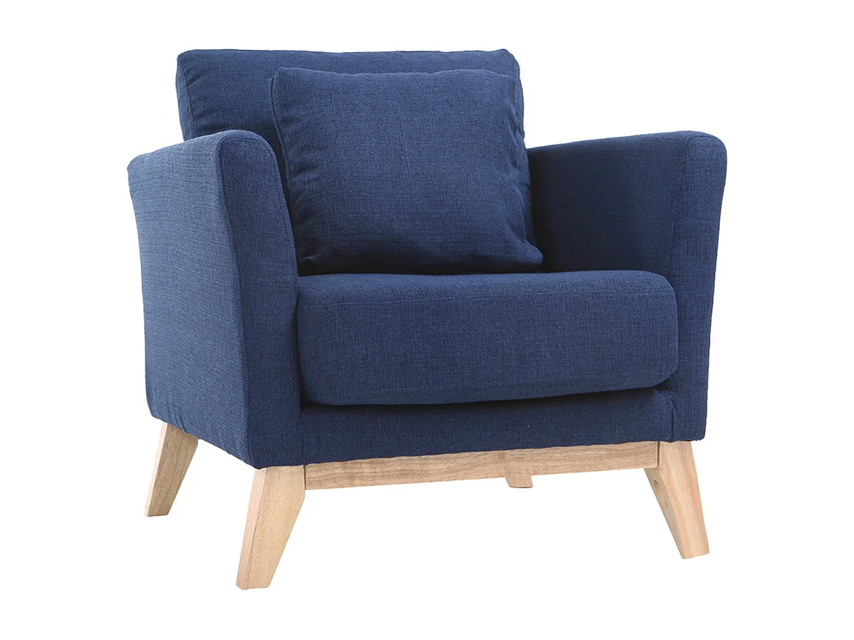 Fauteuil scandinave déhoussable en tissu bleu foncé et bois clair OSLO