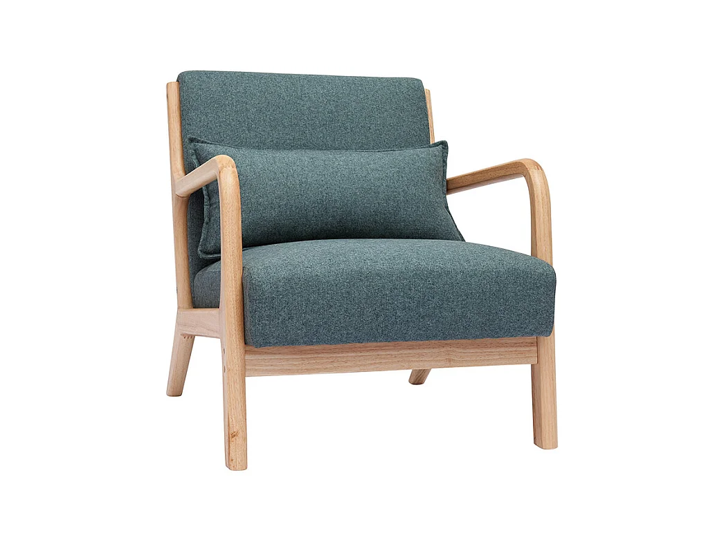Fauteuil scandinave en tissu vert de gris et bois clair massif DERRY