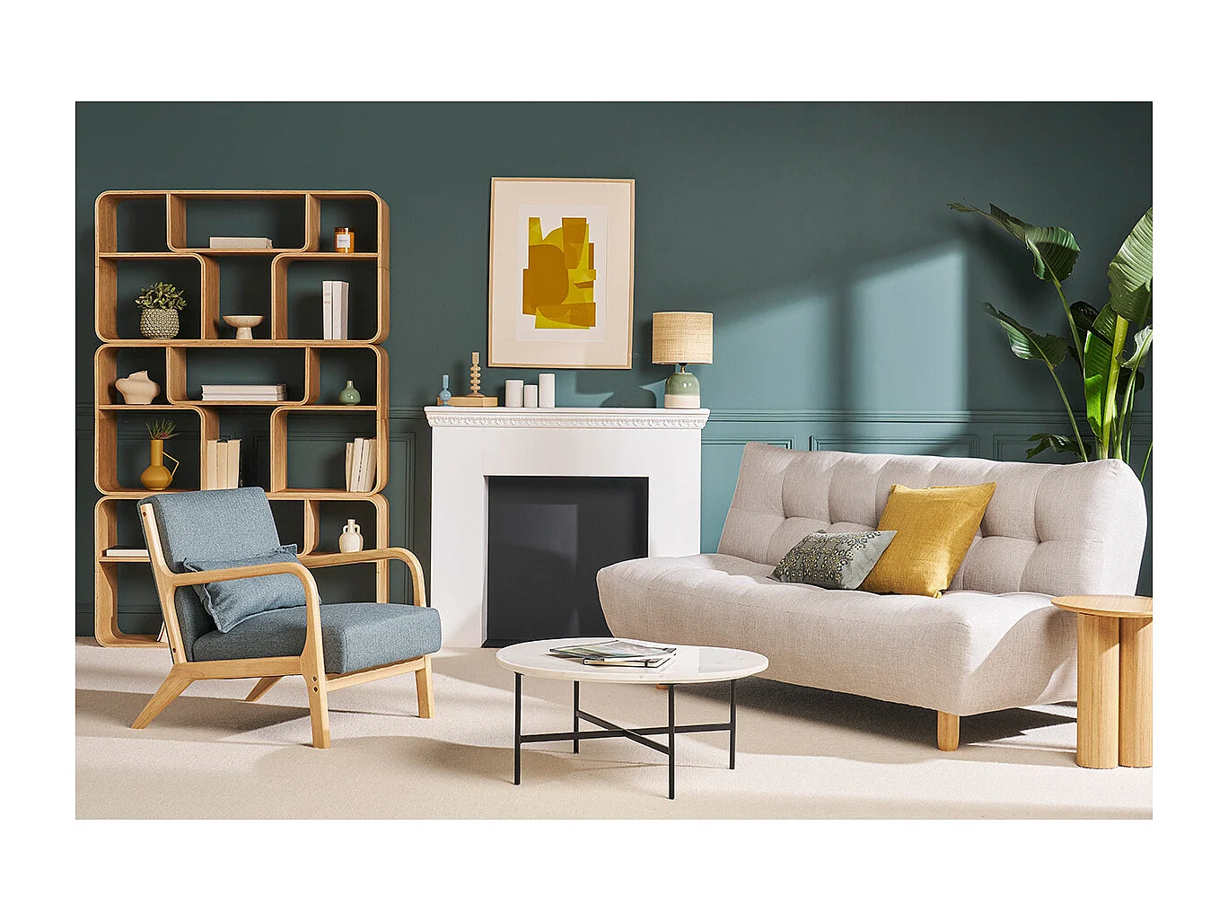 Poltrona scandinava in tessuto grigio verde e legno massello chiaro DERRY