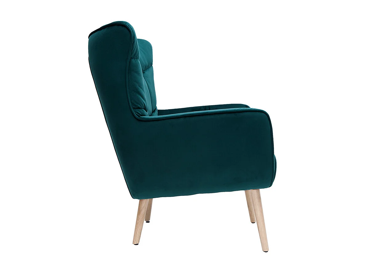 Fauteuil scandinave en tissu velours bleu pétrole et bois clair AVERY