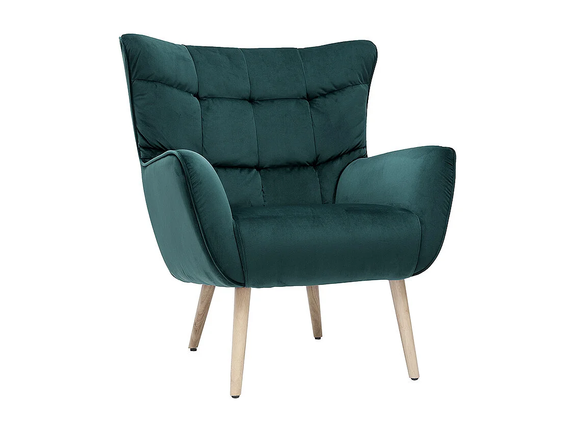 Sillón nórdico efecto terciopelo azul petróleo y madera AVERY