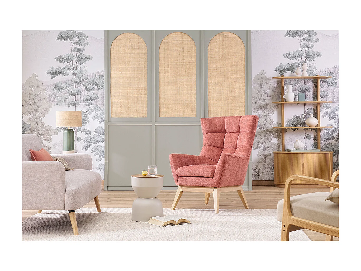 Poltrona scandinava tessuto effetto velluto testurizzato terracotta e legno BRODY