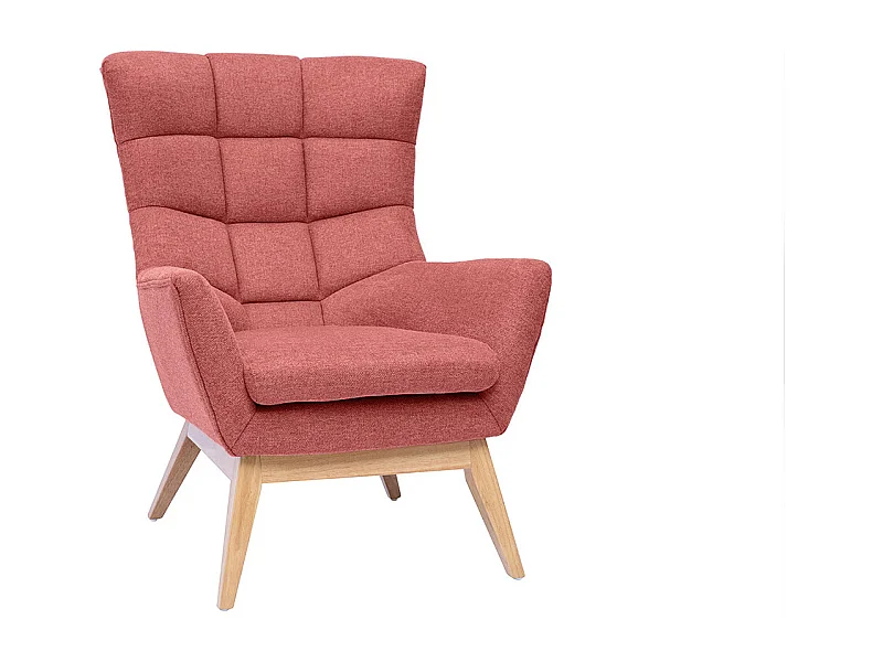 Fauteuil scandinave en tissu effet velours texturé terracotta et bois clair BRODY
