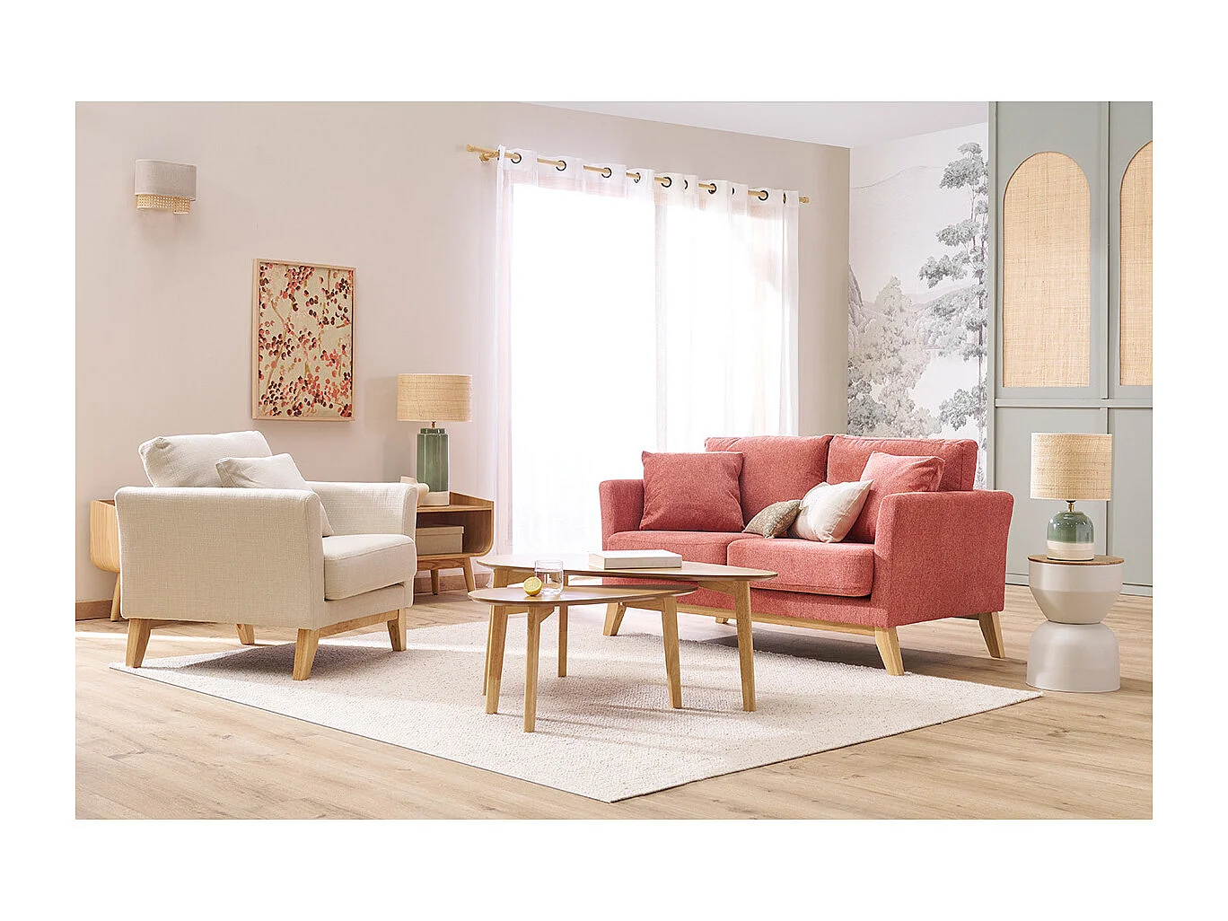 Fauteuil scandinave déhoussable en tissu beige et bois clair OSLO