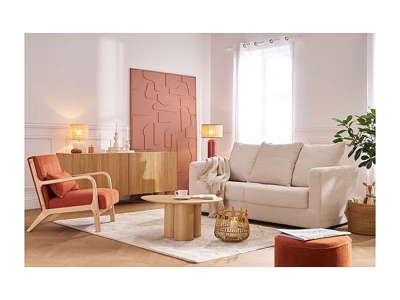 Sillón nórdico de tejido efecto aterciopelado terracota y madera clara maciza DERRY