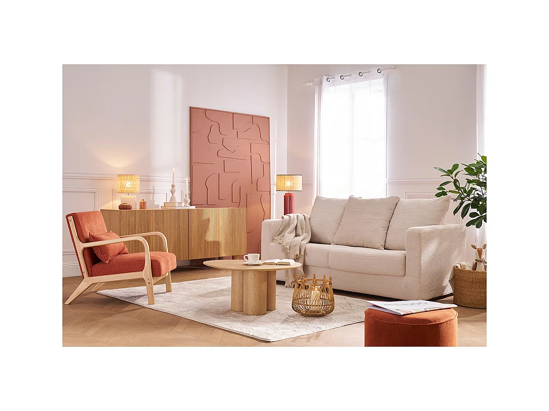 Fauteuil scandinave en tissu effet velours terre brûlée et bois clair massif DERRY