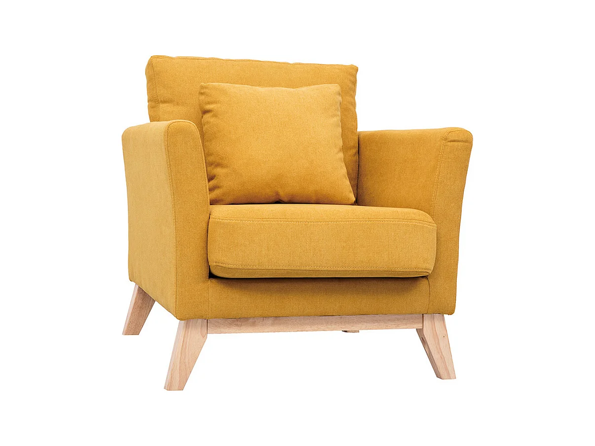 Fauteuil scandinave déhoussable en tissu effet velours jaune moutarde et bois clair OSLO