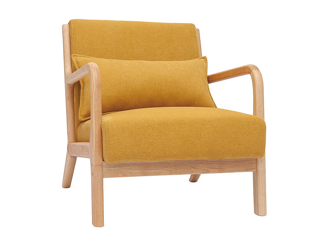 Sillón nórdico de tejido efecto aterciopelado amarillo mostaza y madera clara maciza DERRY