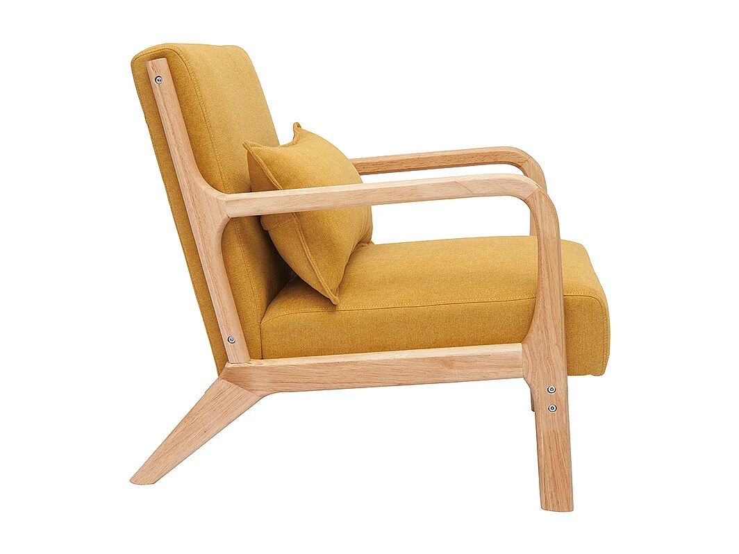Sillón nórdico de tejido efecto aterciopelado amarillo mostaza y madera clara maciza DERRY