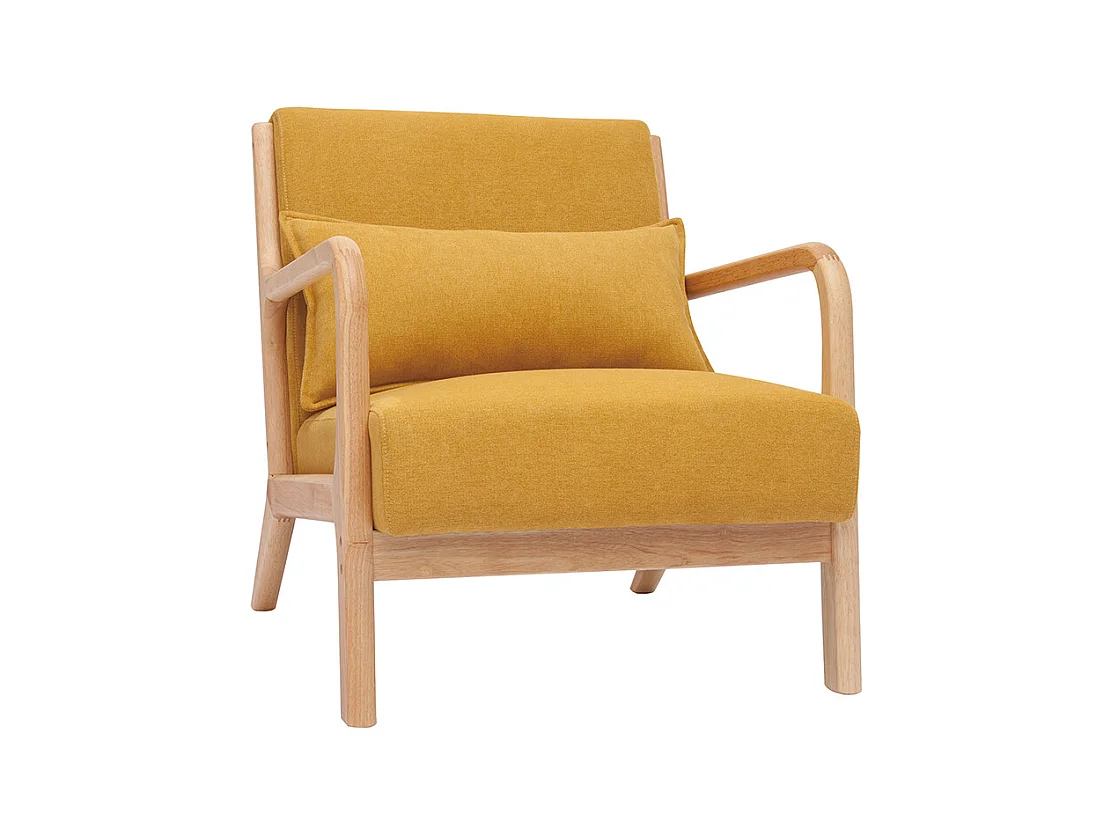 Fauteuil scandinave en tissu effet velours jaune moutarde et bois clair massif DERRY