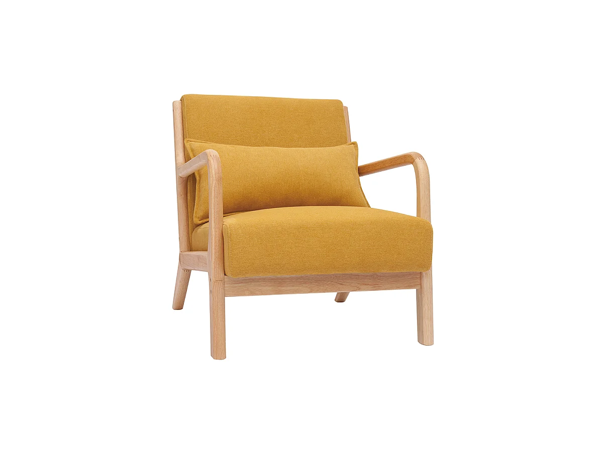 Sillón nórdico de tejido efecto aterciopelado amarillo mostaza y madera clara maciza DERRY