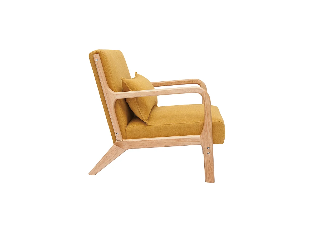 Sillón nórdico de tejido efecto aterciopelado amarillo mostaza y madera clara maciza DERRY