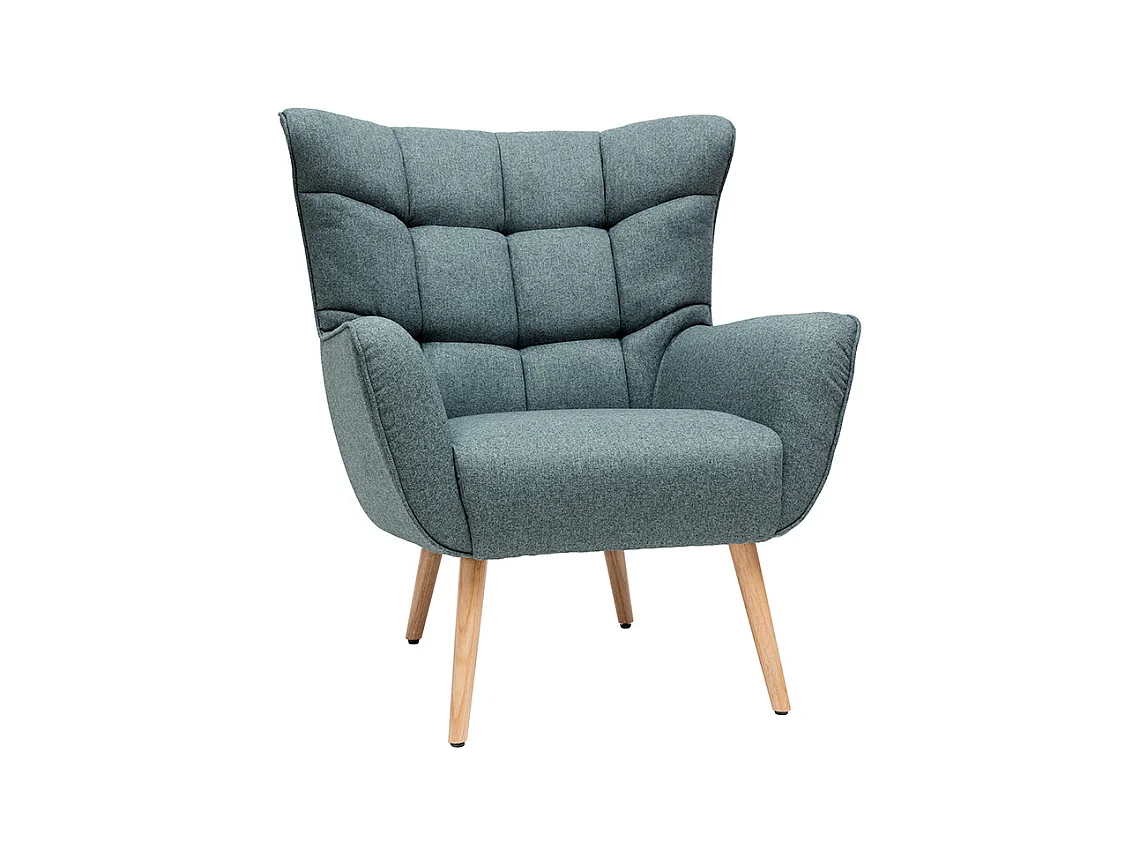 Fauteuil scandinave en tissu vert de gris et bois clair AVERY