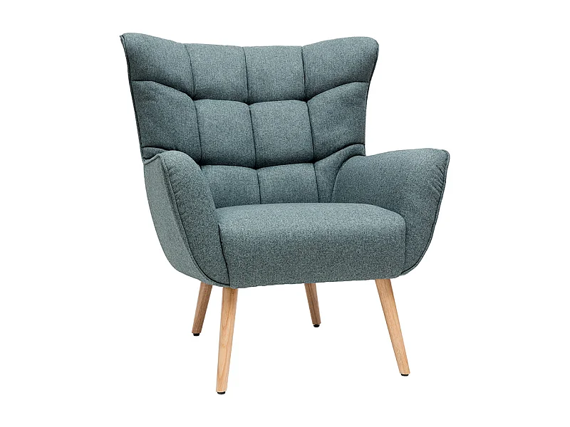 Fauteuil scandinave en tissu vert de gris et bois clair AVERY