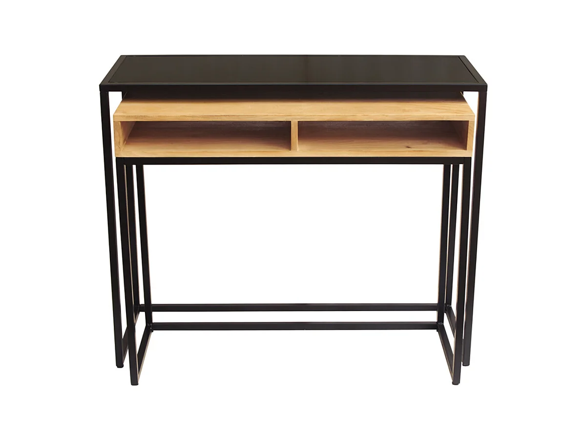 Console bureau d'appoint avec rangements casiers en bois manguier massif et métal noir L100 cm YPKA