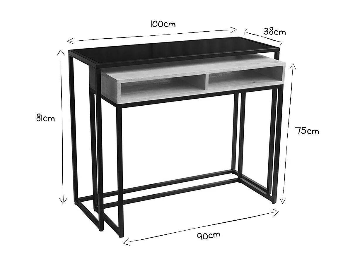 Console bureau d'appoint avec rangements casiers en bois manguier massif et métal noir L100 cm YPKA