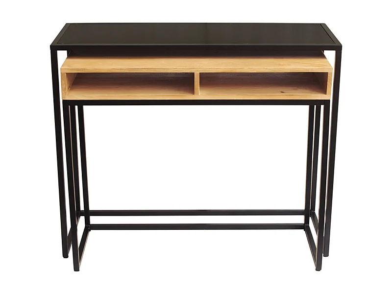 Console bureau d'appoint avec rangements casiers en bois manguier massif et métal noir L100 cm YPKA