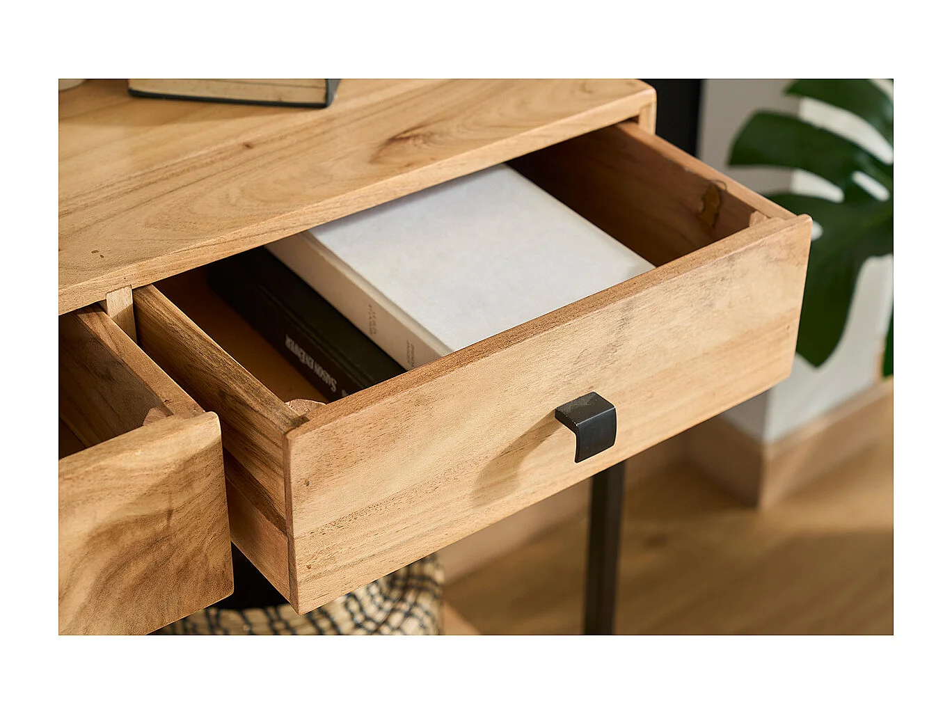 Console avec rangements 2 tiroirs en bois massif et métal noir L80 cm AXELLE