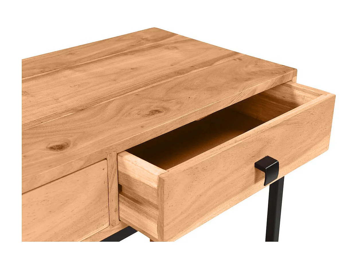 Console avec rangements 2 tiroirs en bois massif et métal noir L80 cm AXELLE